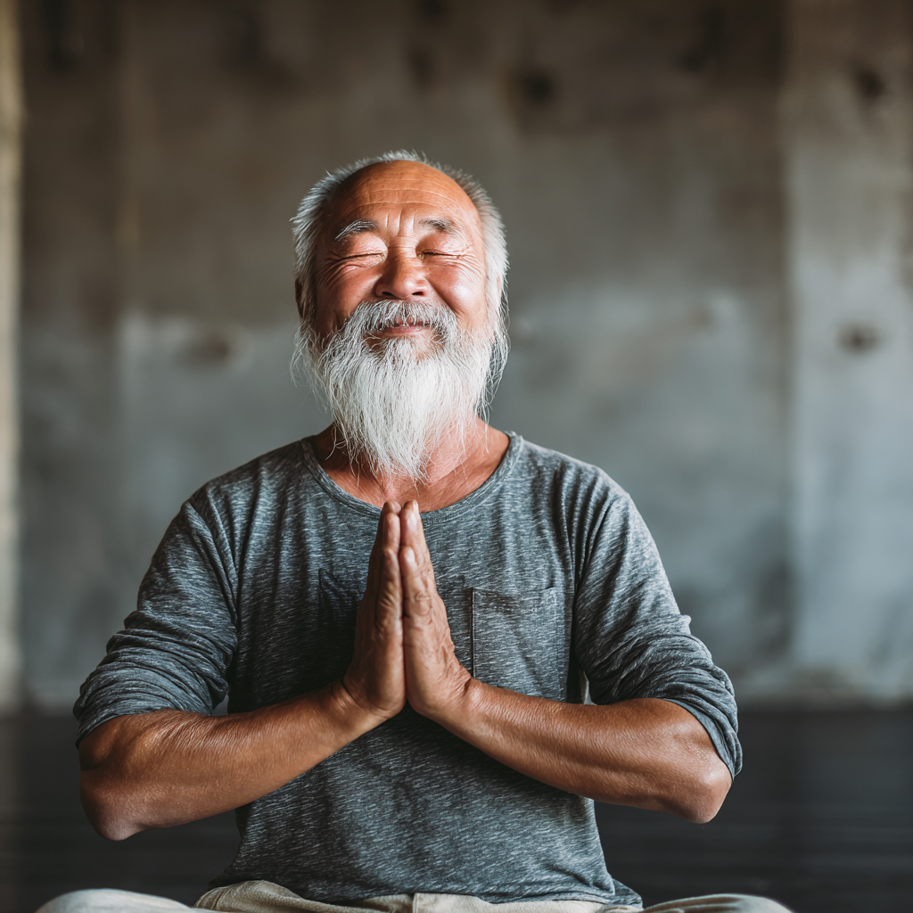 Улыбающийся инструктор средних лет европейской внешности приветствует новых учеников в светлой йога-студии